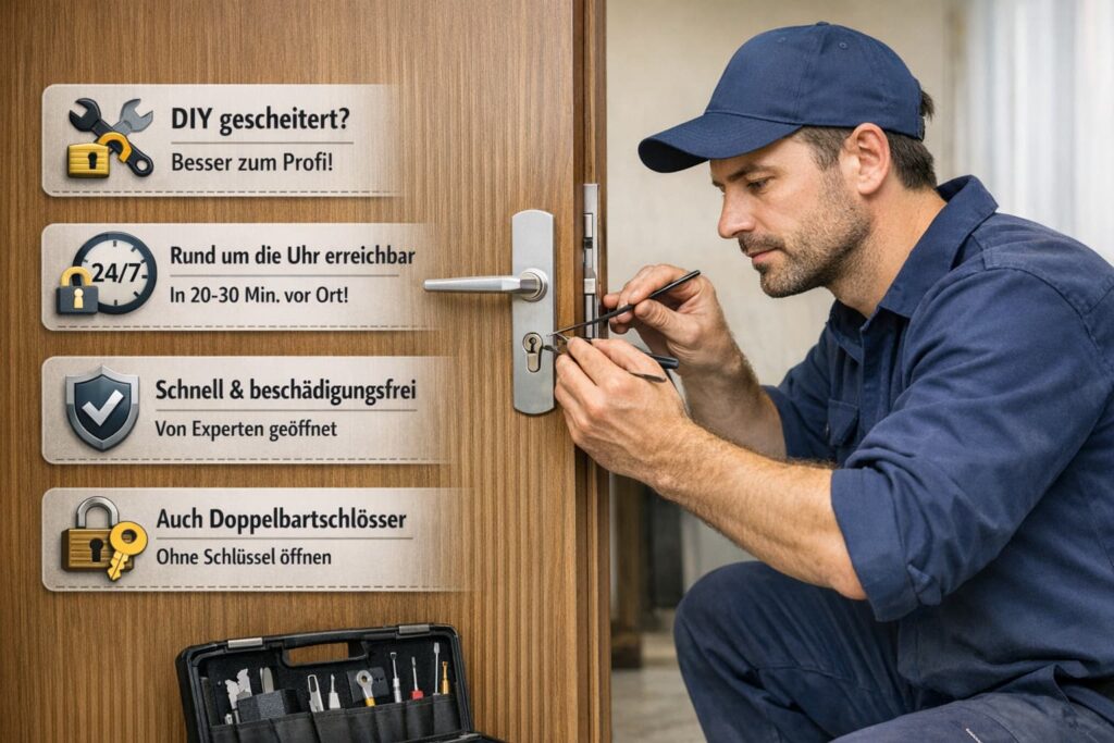 Professioneller Schlosstechniker öffnet eine verschlossene Tür mit Spezialwerkzeugen, ergänzt durch Symbole für Schnelligkeit, Sicherheit und 24/7-Service