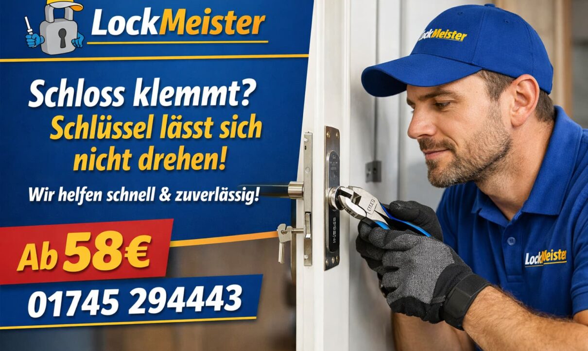 Locksmith repariert defektes Türschloss, schneller Service ab 58€ mit LockMeister Kontaktinformationen