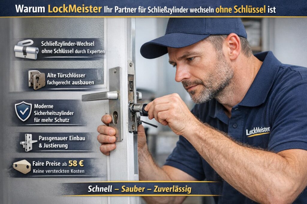 Techniker tauscht Türschloss fachgerecht mit modernen Werkzeugen und Sicherheitskomponenten aus