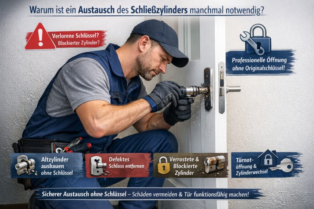 Techniker tauscht defekten Türzylinder ohne Schlüssel und repariert blockiertes Schloss an Eingangstür
