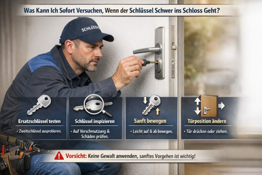 Schlüsseldienst-Techniker überprüft ein Türschloss und gibt praktische Tipps zur einfachen Behebung eines klemmenden Schlüssels.