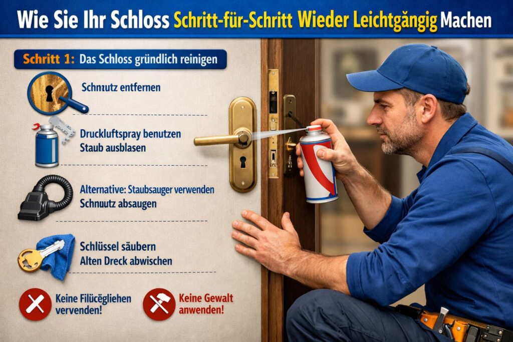 Schlüsseldienst-Techniker reinigt ein Türschloss mit Druckluftspray und zeigt Schritt-für-Schritt Anleitung zur Wartung und Pflege eines Schlosses