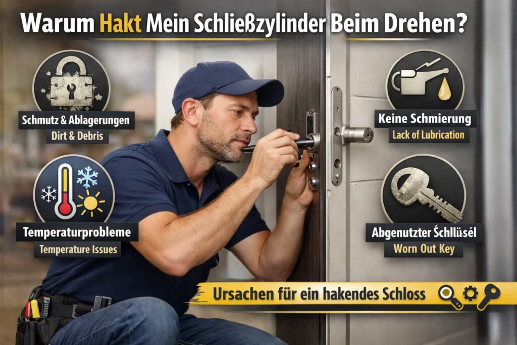 Schlüsseldienst-Techniker repariert ein schwergängiges Türschloss mit Werkzeugen und Symbolen für häufige Ursachen