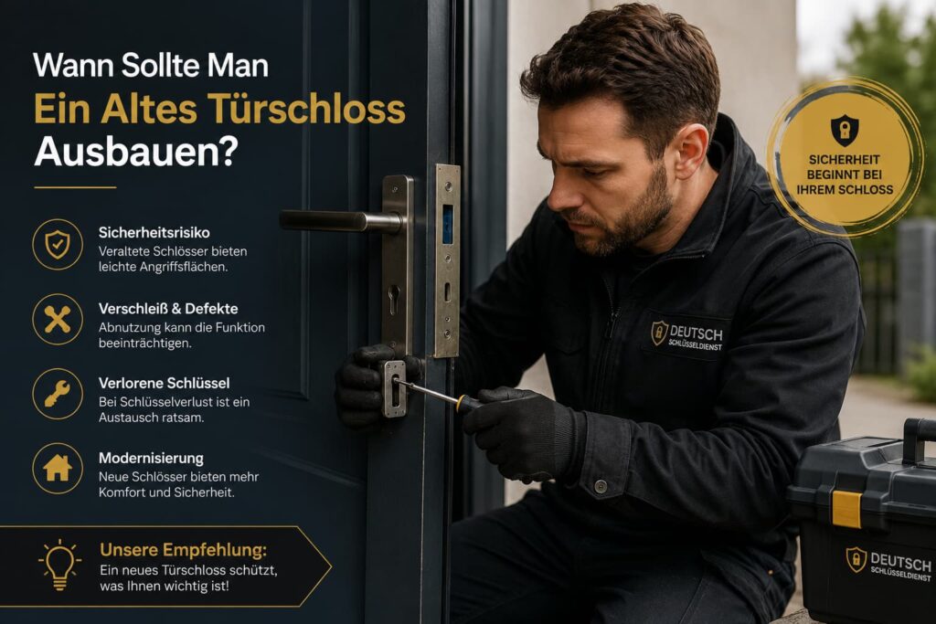 Schlüsseldienst-Techniker repariert modernes Türschloss an Haustür.