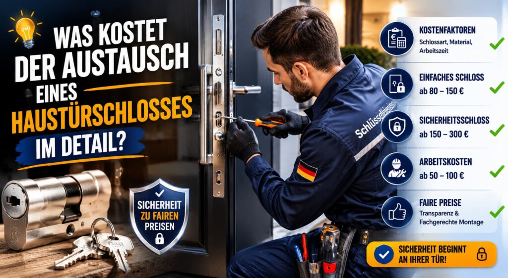 Schlüsseldienst-Techniker beim Austausch eines modernen Türschlosses an einer Haustür.