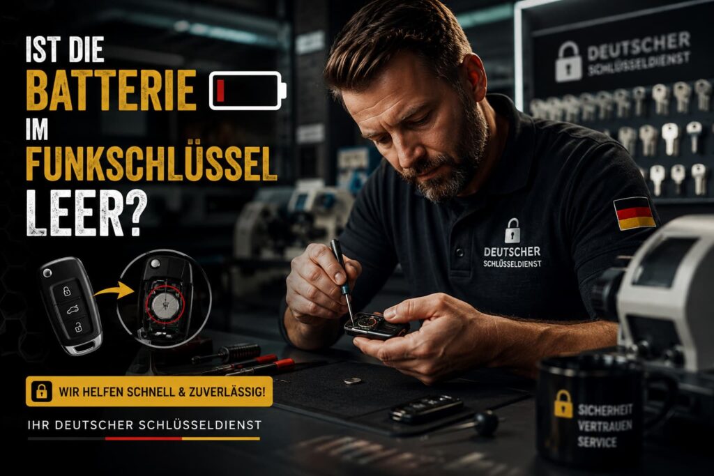Schlüsseldienst-Techniker repariert Autoschlüssel in moderner Werkstatt