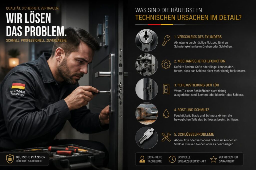 Techniker repariert präzise ein defektes Türschloss mit professionellem Werkzeug.