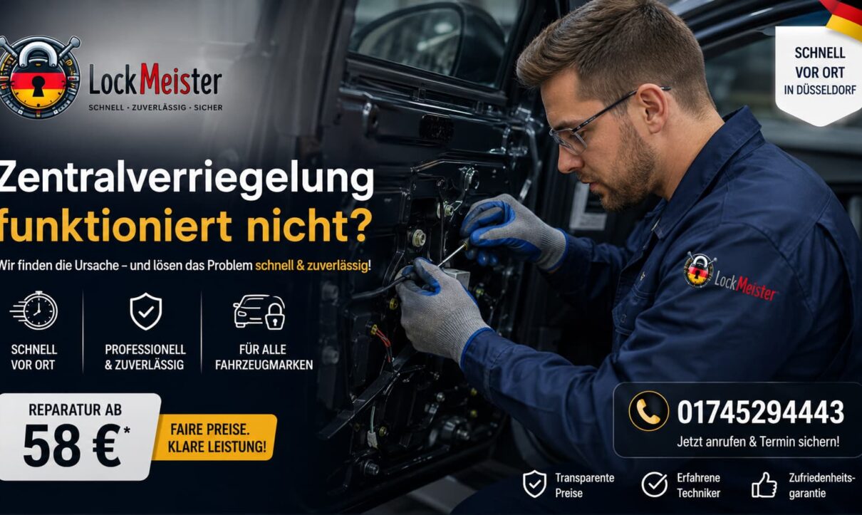 LockMeister Techniker bei der Reparatur eines Fahrzeugschlosses vor Ort in Düsseldorf
