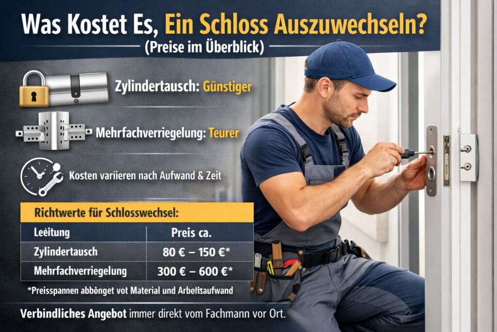 Professioneller Schlüsseldienst-Techniker wechselt Türschloss mit Preisübersicht und Reparatur-Symbolen