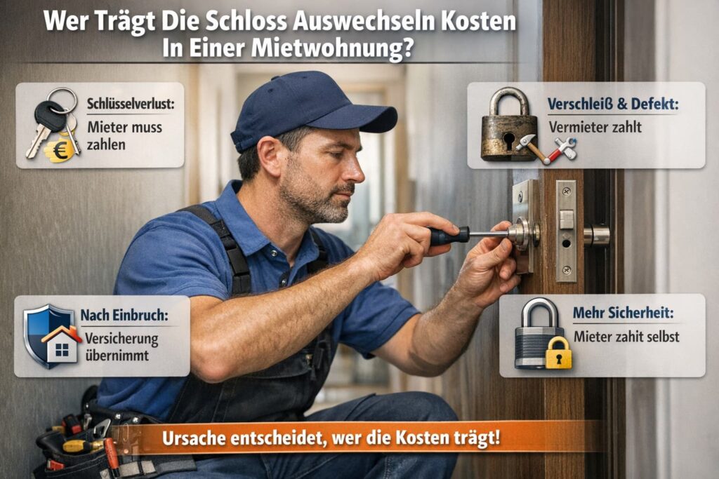 Schlüsseldienst-Techniker repariert ein Türschloss in einer Mietwohnung mit erklärenden Symbolen zu Kostenverantwortung und Sicherheit