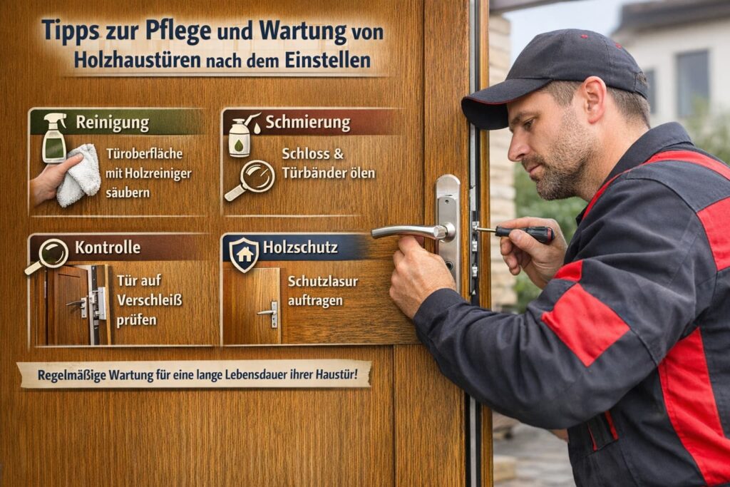 Techniker repariert Türschloss an Holzhaustür mit Wartungstipps und Pflegehinweisen