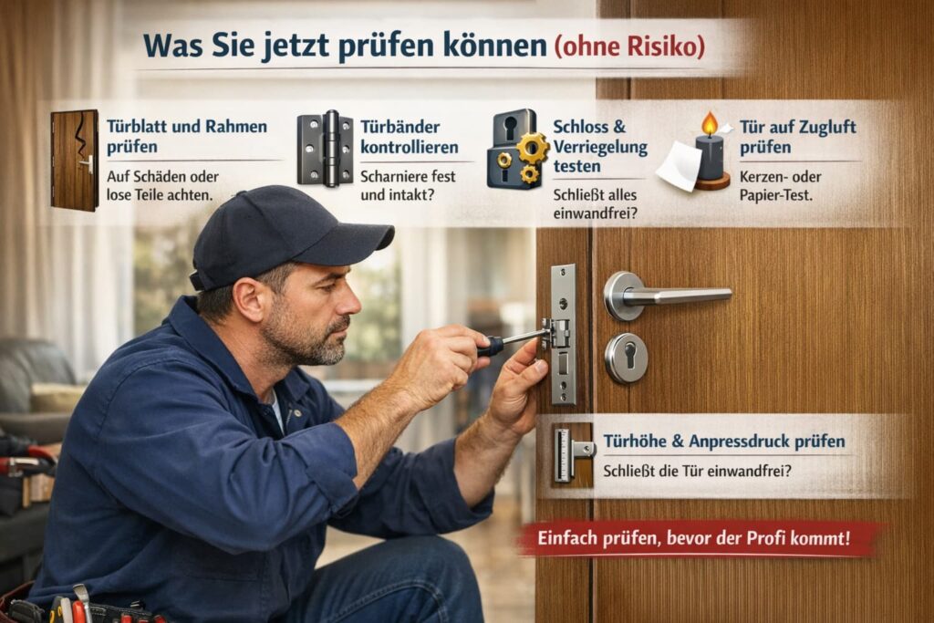 Schlüsseldienst Techniker repariert Türschloss an Holzhaustür mit Sicherheitssymbolen und Prüftipps