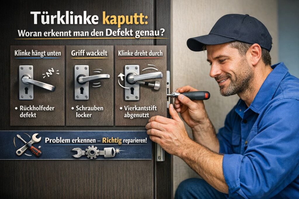 Türklinke kaputt – Handwerker repariert lockeren Türgriff mit Werkzeug, typische Defekte wie hängende Klinke und lockere Schrauben sichtbar