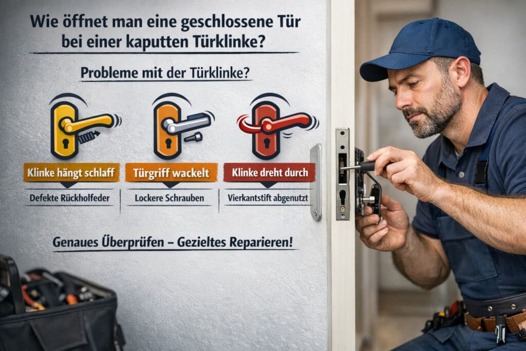 Techniker repariert defekte Türklinke und öffnet geschlossene Tür – Schlüsseldienst Deutschland