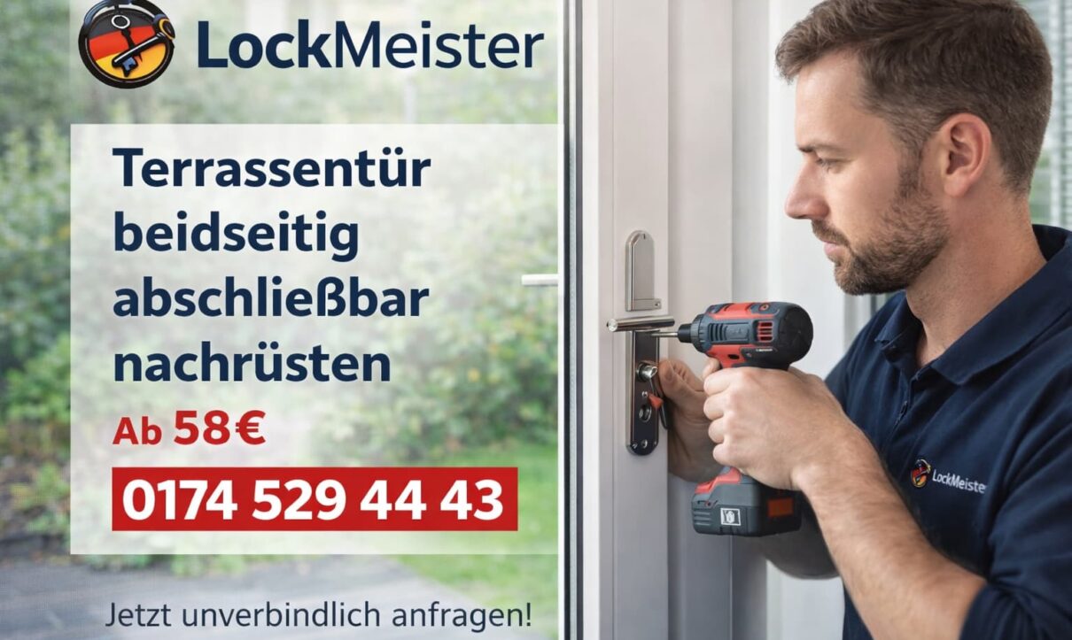 Schlüsseldienst LockMeister montiert Terrassentür beidseitig abschließbar – professioneller Einbau ab 58€