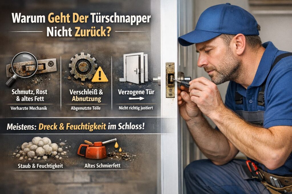 Techniker repariert Türschloss und behebt Problem mit klemmendem Schnapper in Nahaufnahme