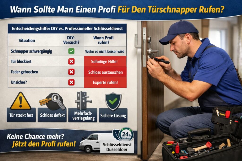 Schlüsseldienst-Techniker repariert ein blockiertes Türschloss mit Werkzeug und Sicherheitssymbolen