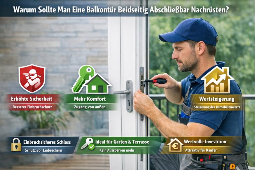 Techniker installiert modernes Türschloss an Balkontür mit Sicherheits- und Komfortsymbolen