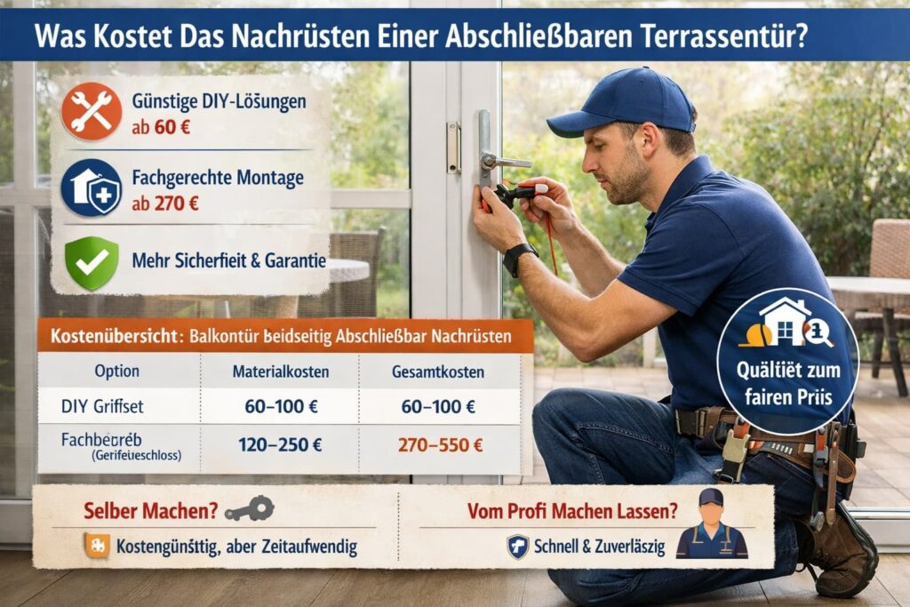 Techniker repariert Türschloss an moderner Glastür mit Werkzeug und Sicherheitsicons
