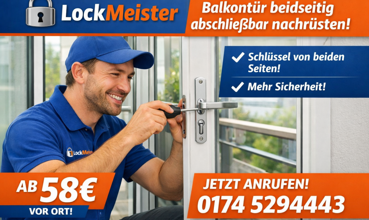 Locksmith installing secure lock on balcony door, LockMeister service starting from 58€ with contact number displayed