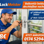 Locksmith installing secure lock on balcony door, LockMeister service starting from 58€ with contact number displayed