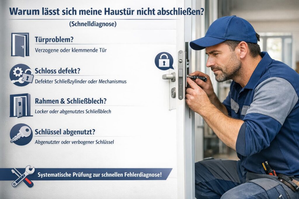 Techniker repariert Haustürschloss – Ursachenanalyse bei Tür lässt sich nicht abschließen