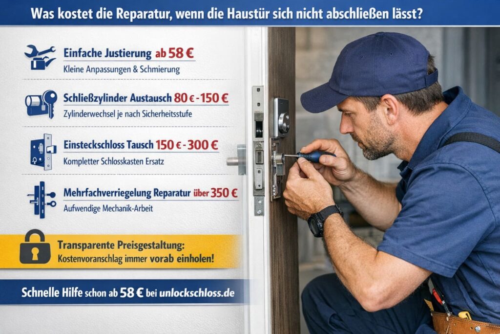 Schlüsseldienst-Techniker repariert Haustürschloss mit Werkzeug, Kostenübersicht und Serviceinformationen dargestellt.