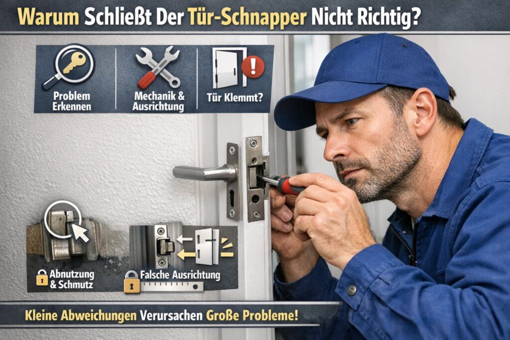 Techniker repariert Türschloss und richtet Schnapper im Türrahmen präzise aus