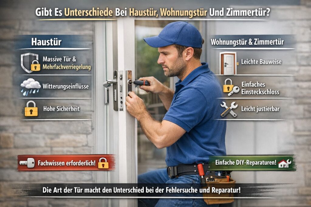 Schlüsseldienst-Techniker repariert ein Türschloss mit Werkzeugen und Sicherheits-Icons in realistischer Darstellung