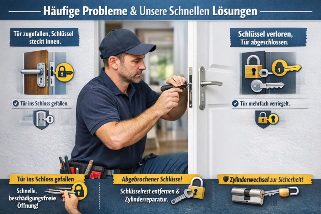 Schlüsseldienst-Techniker öffnet Haustür schnell und beschädigungsfrei mit Spezialwerkzeug, typische Schlossprobleme und Lösungen dargestellt