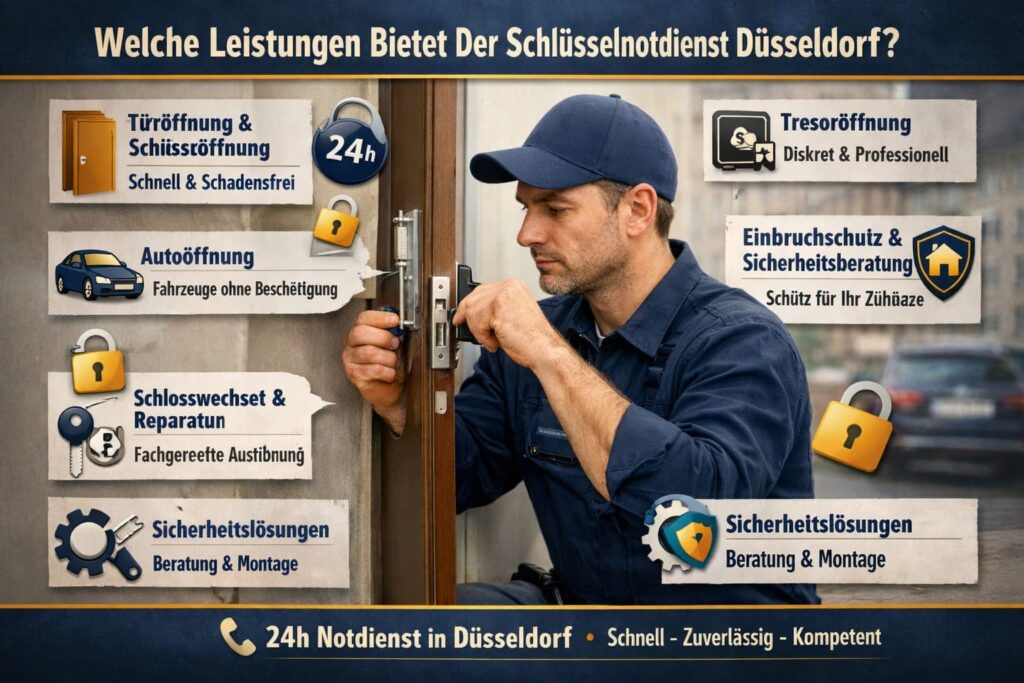 Schlüsseldienst-Techniker öffnet fachgerecht eine Tür mit professionellen Werkzeugen und Sicherheitssymbolen in moderner Werbegrafik