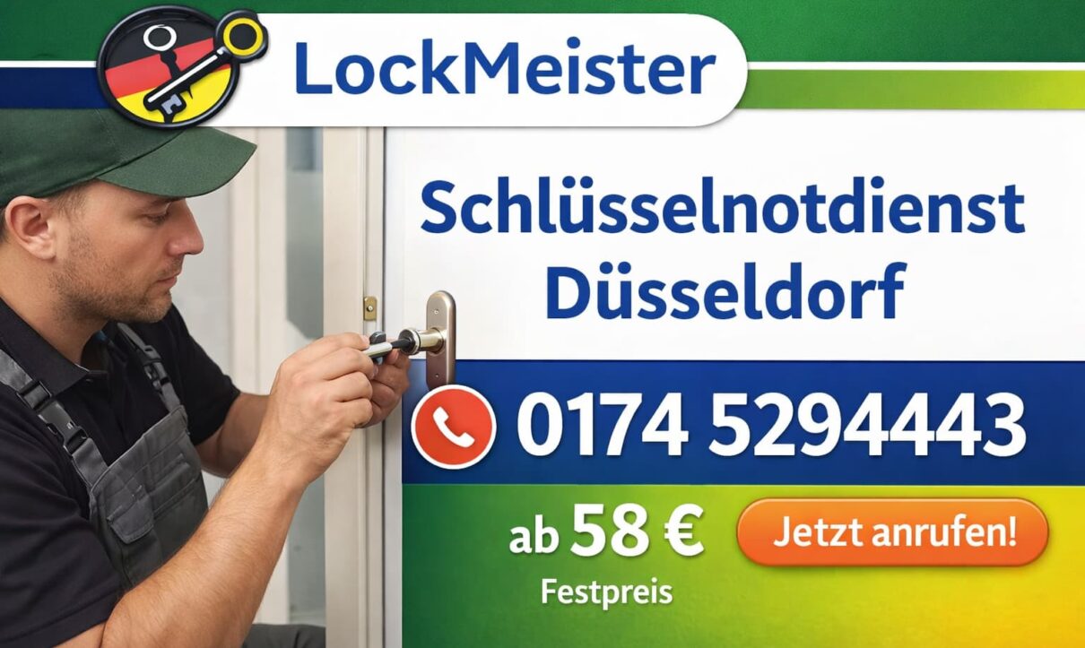 Schlüsseldienst-Techniker öffnet Tür, Notfallservice mit Preis ab 58 € und Telefonnummer sichtbar