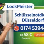 Schlüsseldienst-Techniker öffnet Tür, Notfallservice mit Preis ab 58 € und Telefonnummer sichtbar