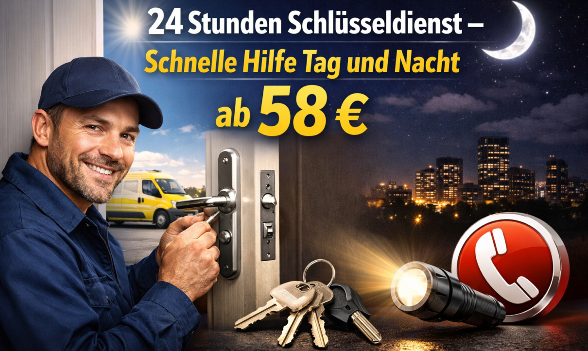 Ein Schlüsseldienst-Mitarbeiter öffnet eine Tür, daneben sind Schlüssel, Taschenlampe und ein Notrufsymbol zu sehen, mit dem Werbetext: „24 Stunden Schlüsseldienst – Schnelle Hilfe Tag und Nacht ab 58 €“.