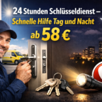 Ein Schlüsseldienst-Mitarbeiter öffnet eine Tür, daneben sind Schlüssel, Taschenlampe und ein Notrufsymbol zu sehen, mit dem Werbetext: „24 Stunden Schlüsseldienst – Schnelle Hilfe Tag und Nacht ab 58 €“.