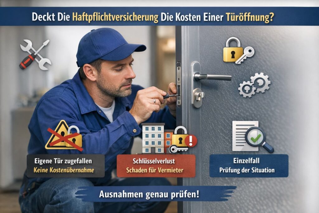 Schlüsseldienst öffnet Tür – Haftpflichtversicherung Türöffnung Kosten Erklärung mit Symbolen