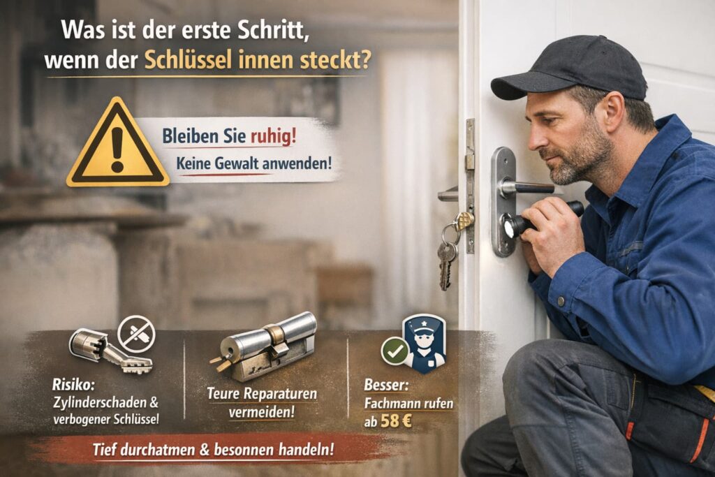 Locksmith fixing a door lock with key stuck inside, German lock repair service concept with safety icons
