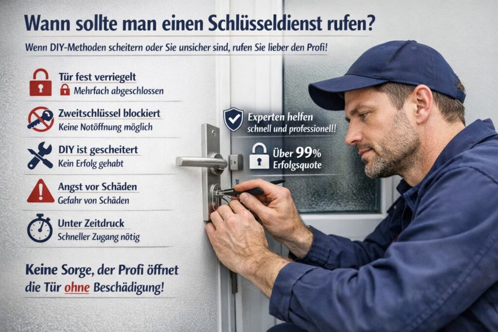 Schlüsseldienst-Techniker öffnet professionell eine verschlossene Tür mit Spezialwerkzeug – Hilfe bei Schlossproblemen und Notfällen