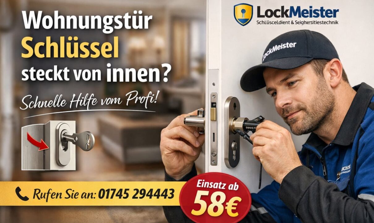 Schlüsseldienst-Techniker öffnet Wohnungstür bei innen steckendem Schlüssel – LockMeister Notdienst ab 58€