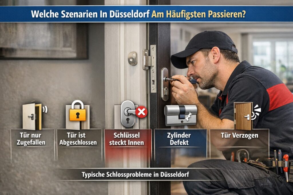 Schlüsseldienst in Düsseldorf öffnet Tür und behebt Schlossprobleme mit modernen Werkzeugen und Symbolen für häufige Türsituationen