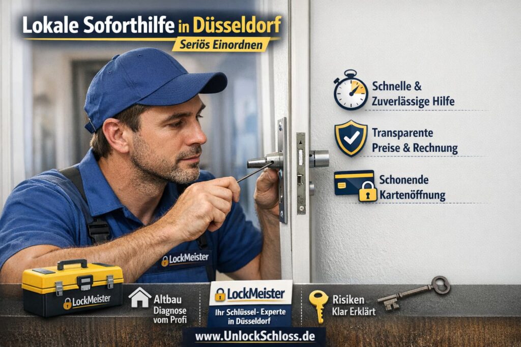Schlüsseldienst Techniker öffnet Türschloss schnell und professionell in Düsseldorf mit transparentem Service