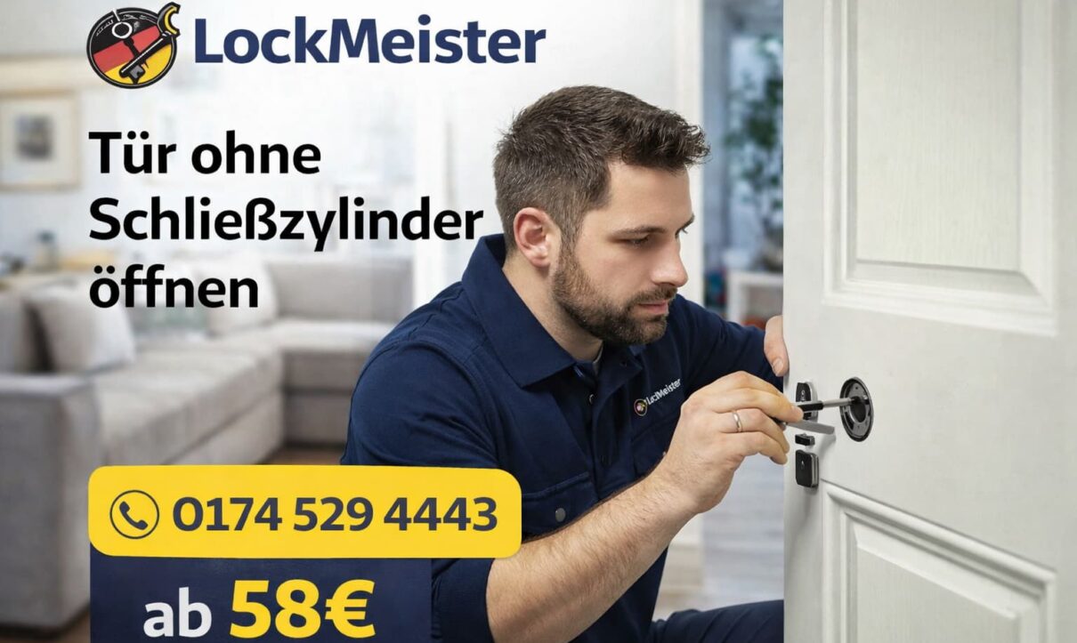 LockMeister Schlüsseldienst öffnet Tür ohne Schließzylinder – professioneller Techniker, schneller Service ab 58€