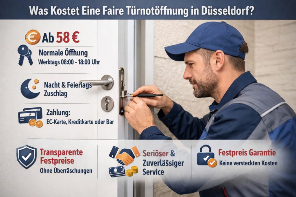 Schlüsseldienst-Techniker öffnet Tür in Düsseldorf – transparente Preise ab 58 €, faire Türnotöffnung mit Festpreisgarantie
