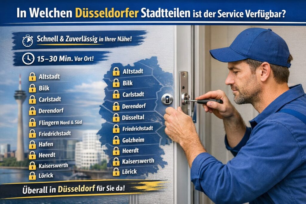 Schlüsseldienst-Techniker repariert Türschloss in Düsseldorf – schneller Notdienst in allen Stadtteilen verfügbar