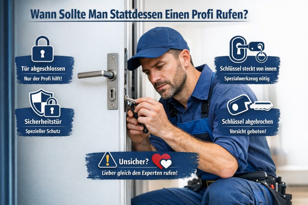 Professioneller Schlüsseldienst-Techniker repariert ein Türschloss – wann sollte man einen Profi rufen