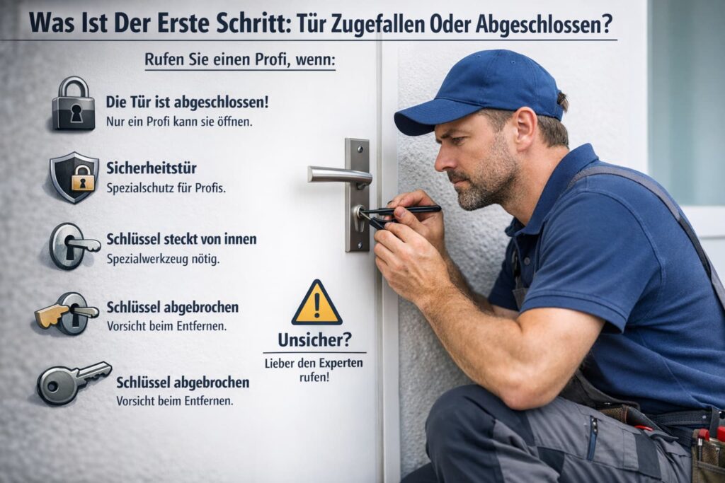 Schlüsseldienst-Techniker öffnet Tür mit Spezialwerkzeug – Hinweise zu abgeschlossener Tür, Sicherheitstür und Schlüsselproblemen