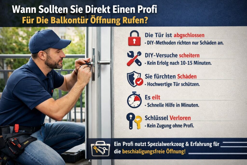 Schlüsseldienst-Techniker öffnet Balkontür professionell mit Werkzeug – Tipps wann Profi rufen bei Türöffnung
