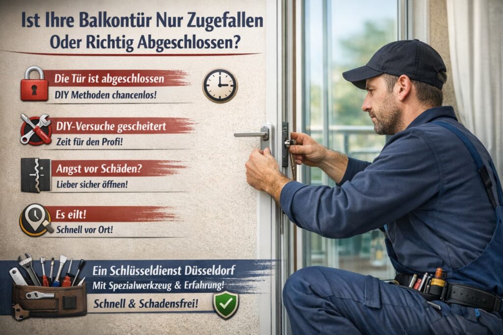 Schlüsseldienst-Techniker öffnet professionell eine Balkontür schnell und beschädigungsfrei in Düsseldorf