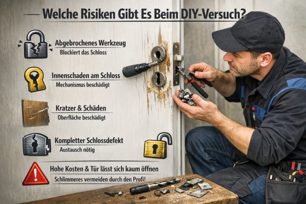 Schlüsseldienst-Techniker repariert beschädigtes Türschloss und zeigt Risiken eines DIY-Versuchs mit Symbolen und Warnhinweisen