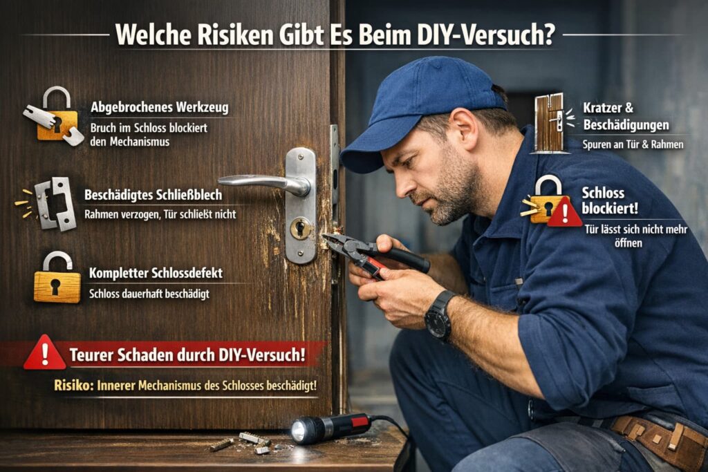 Schlüsseldienst-Techniker repariert Türschloss – Risiken beim DIY-Versuch und mögliche Schäden am Schlossmechanismus